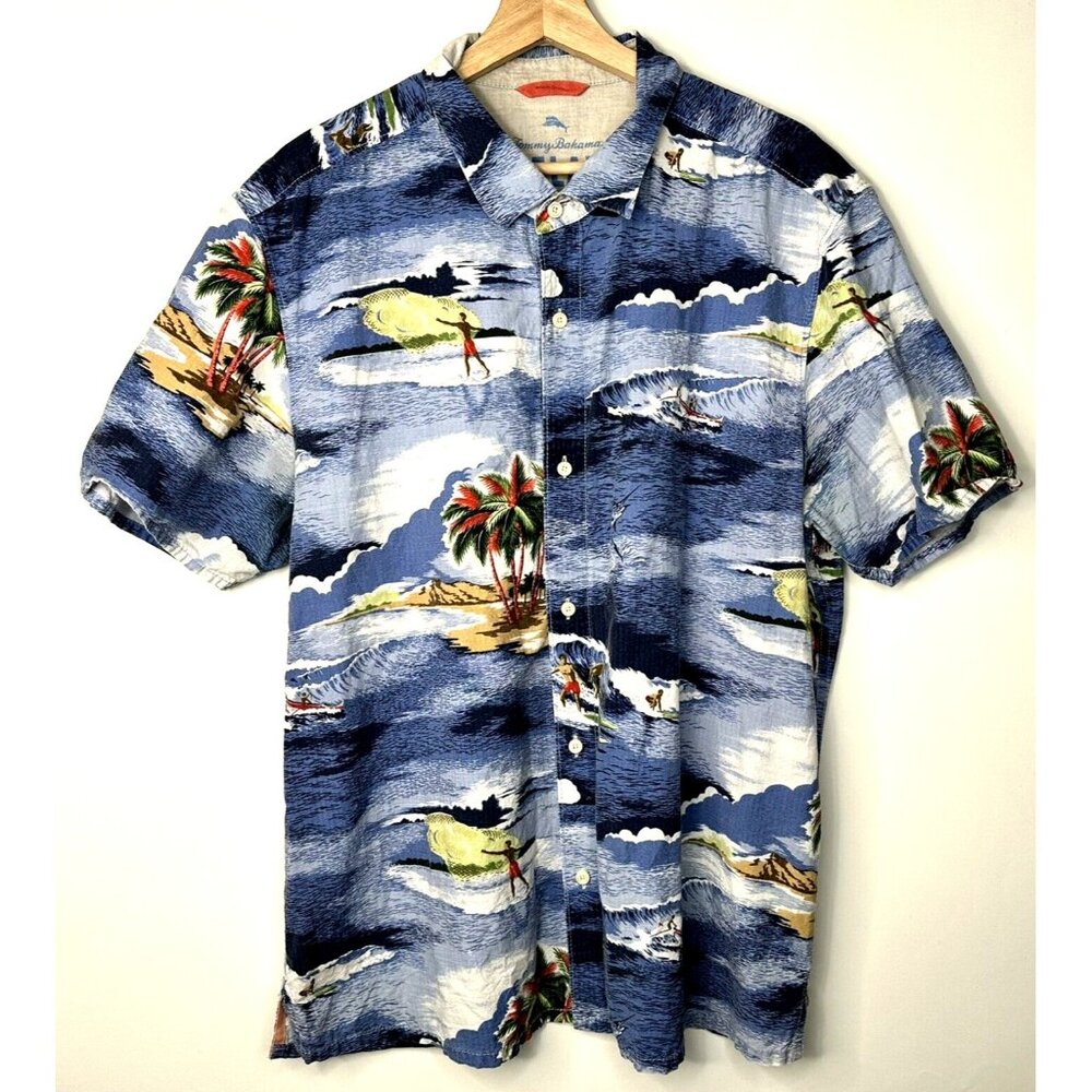 Tommy Bahama Mens Hawaiian Shirt Surfing Ocean Button Up Camp All Over Print XL